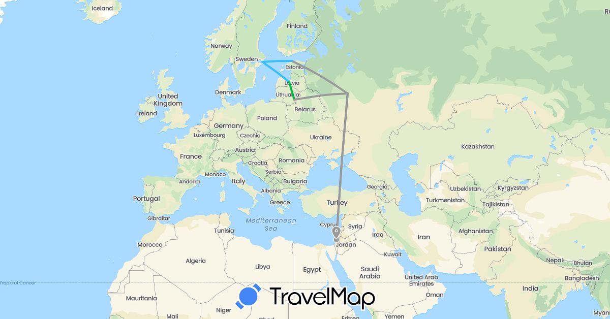 TravelMap itinerary: driving, bus, plane, boat in Estonia, Israel, Lithuania, Latvia, Russia, Sweden (Asia, Europe)